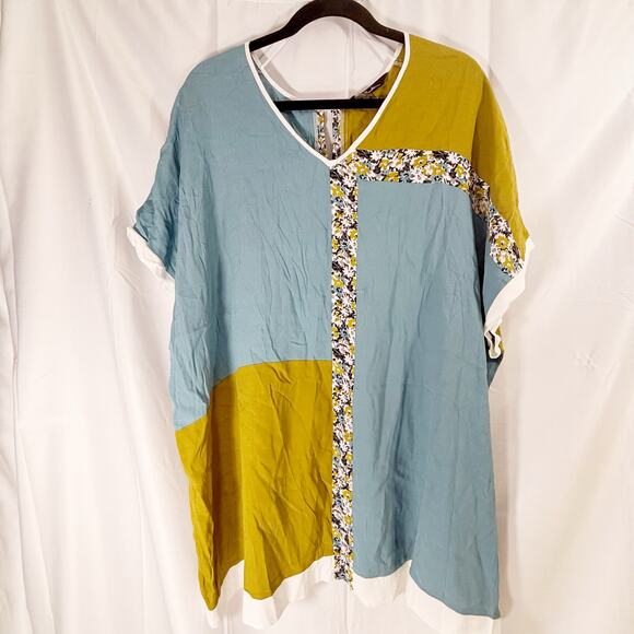 Ulla Popken Colorblock Tunic Top 20/22 Mustard Blue Floral Trim Oversized Boho - Picture 1 of 5